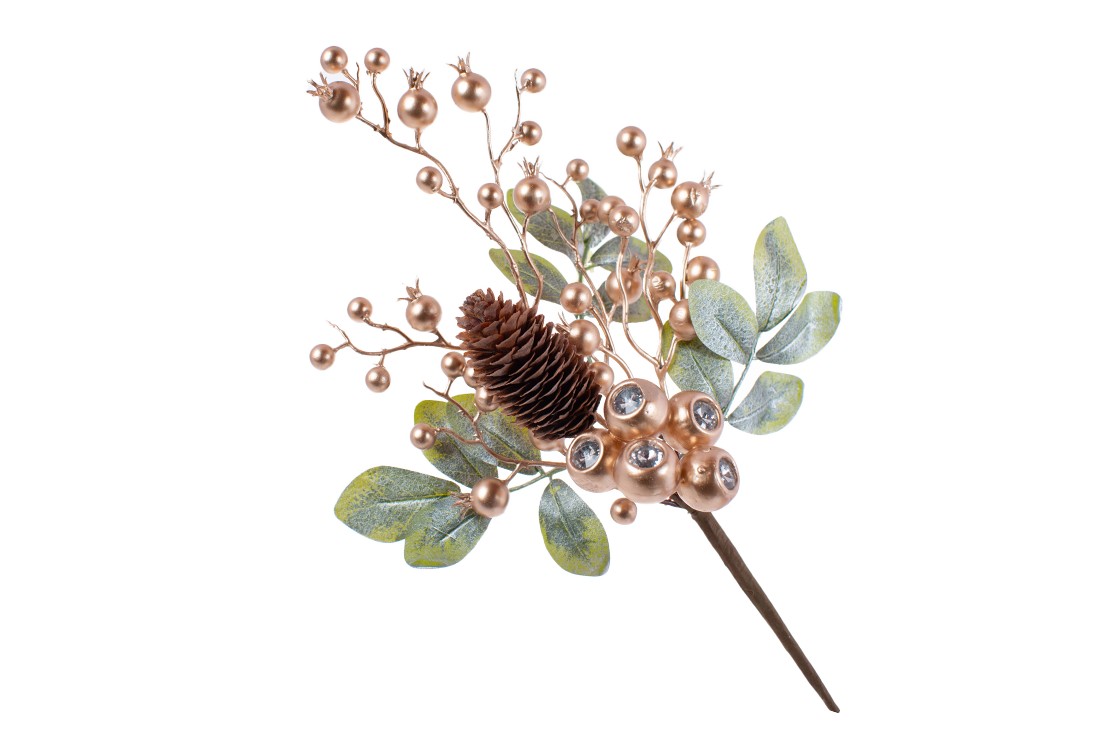 Декоративна гілка з листя та ягід з кристалом, колір: золото, 36см