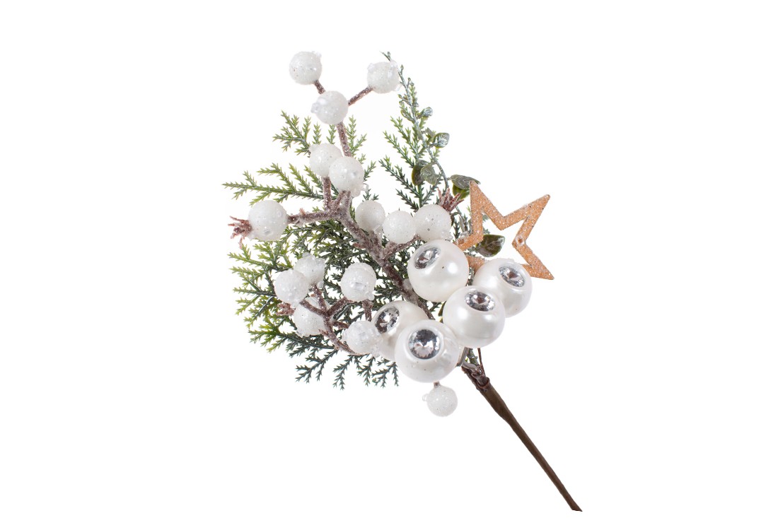 Декоративна гілка з хвої та білих ягід з кристалом, 26см
