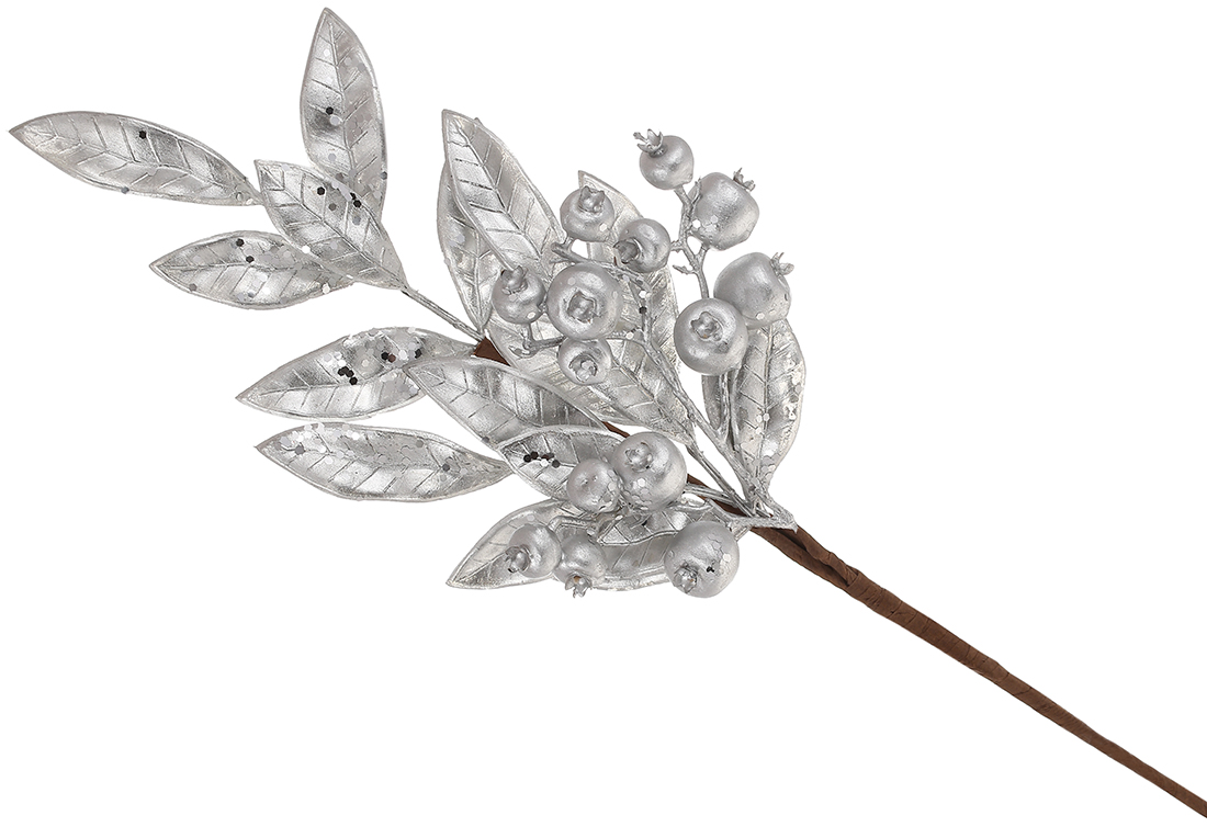 Декоративна гілка з ягодами та листям 51см, колір - срібло