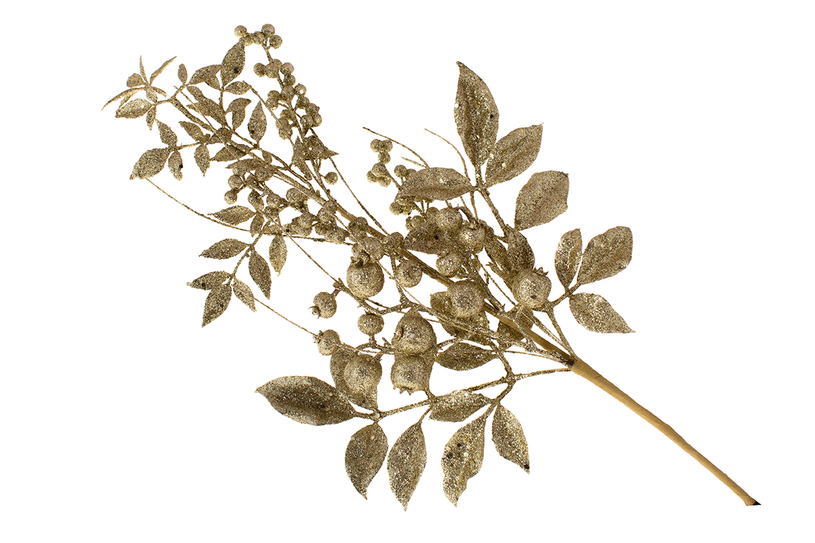 Декоративна гілка з ягодами та листям 70см, колір - золото гліттер