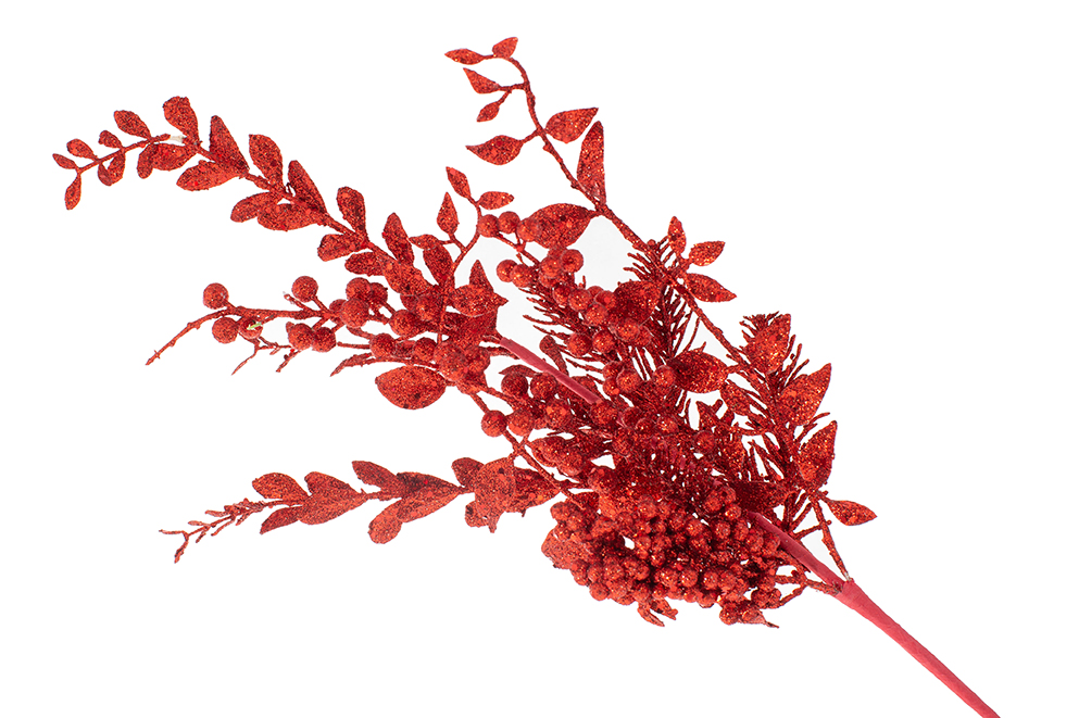 Декоративна гілка з ягодами та листям 80см, колір - червоний гліттер