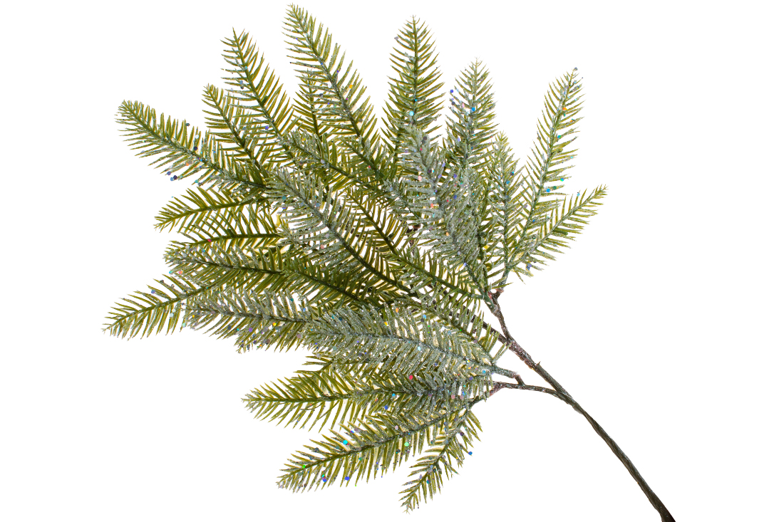 Декоративна гілка хвої в сріблястому гліттері, 55см