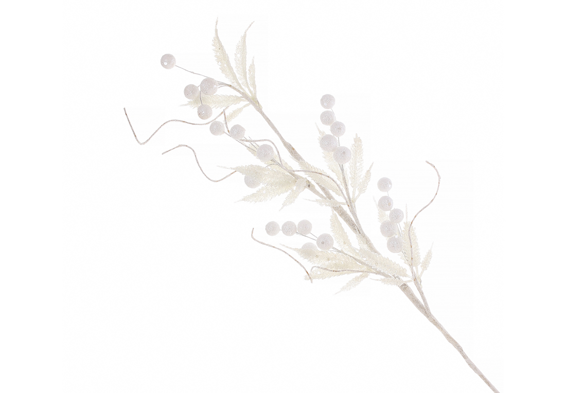 Декоративна гілка з листям та ягодами 55см, колір - білий гліттер.