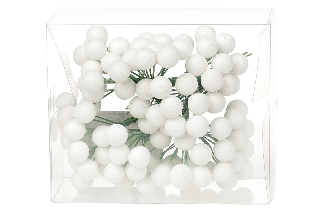 Набір декоративних ягід 12мм, 96шт, колір - білий глітер.