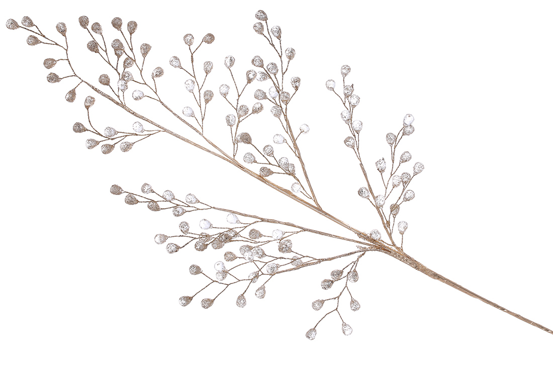 Декоративна гілка з акриловими бусинами в гліттері, 75см, колір - шампань