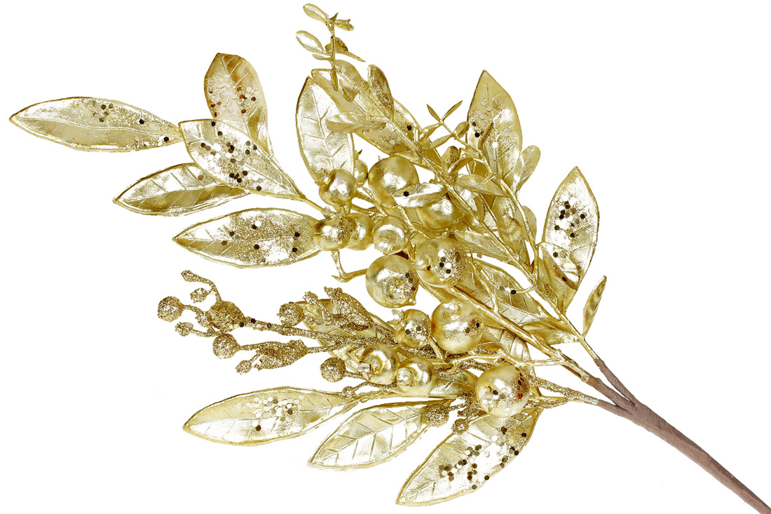 Декоративна гілка з ягодами та листям 53см, колір - матове золото