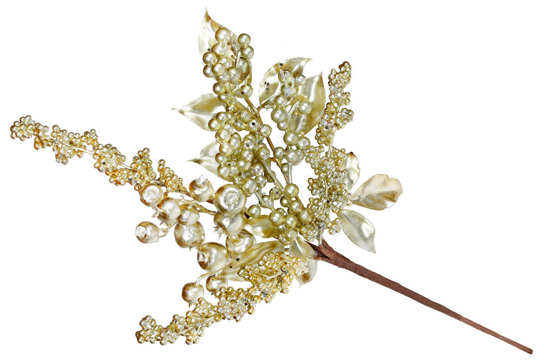 Декоративна гілка з ягодами та листям 49см, колір - матове золото