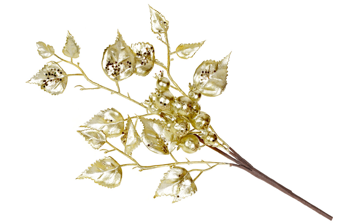Декоративна гілка з ягодами та листям 50см, колір - матове золото