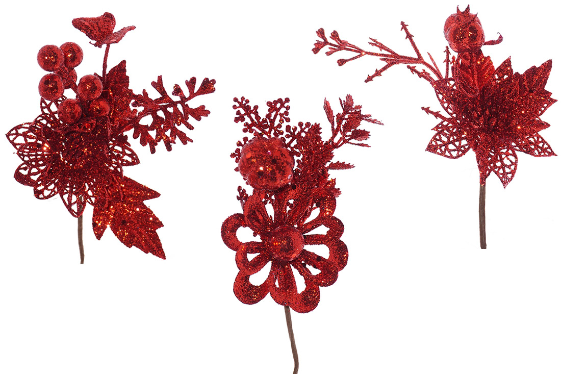 Декоративний букетик, 11см, колір - червоний гліттер, 3 дизайни