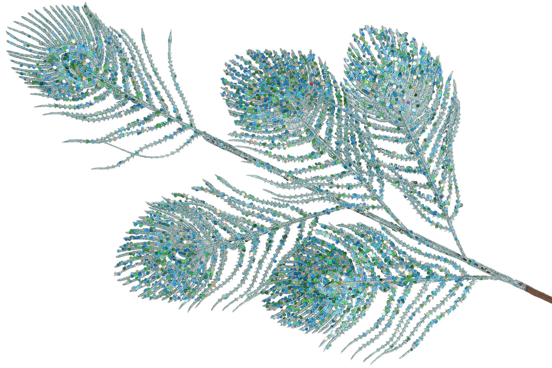 Декоративна гілка Пір'я Павлина (5шт), 70см, колір - бірюзовий гліттер