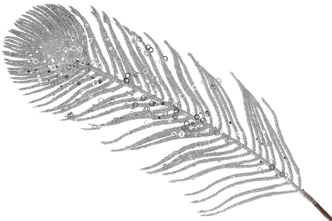 Декоративна гілка Перо Павича 69см, колір - срібло гліттер