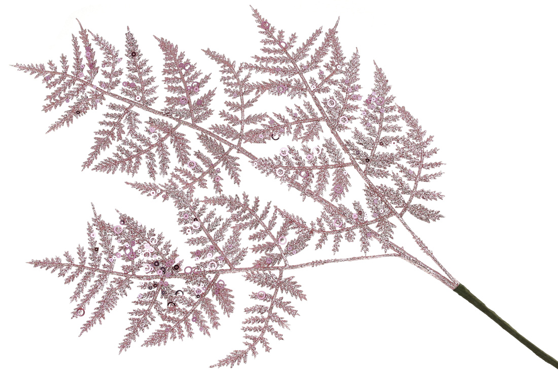 Декоративна гілка Папороть 66см, колір - світло-рожевий гліттер
