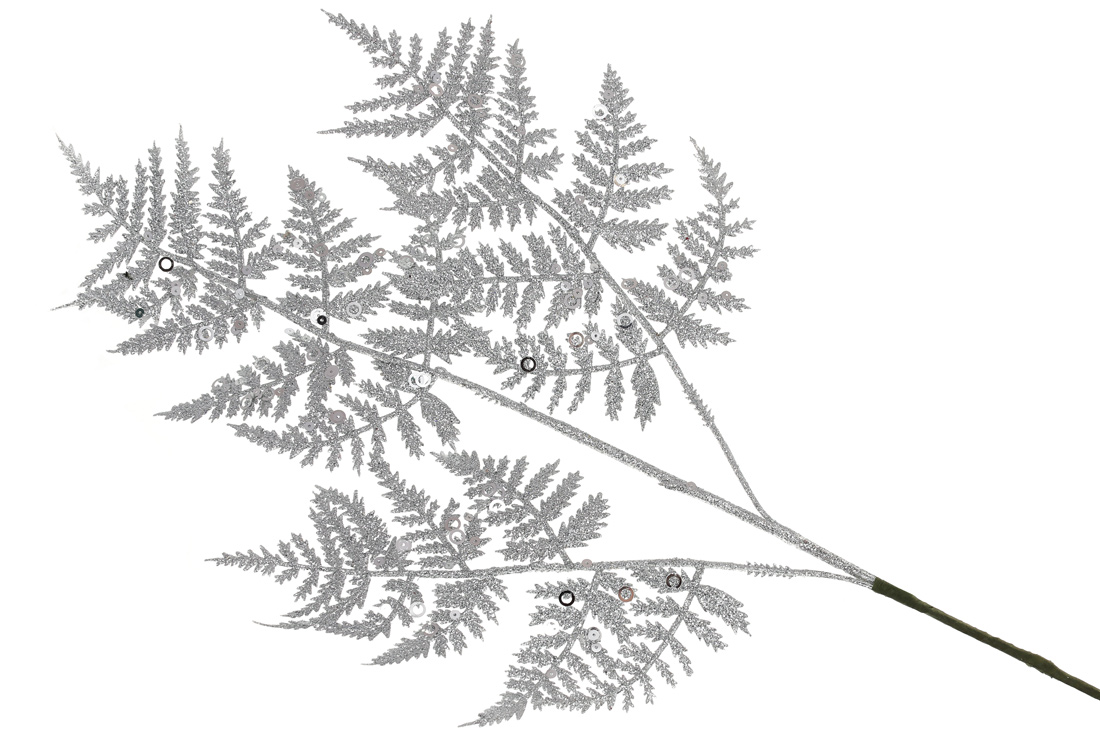 Декоративна гілка Папороті 66см, колір - срібний гліттер