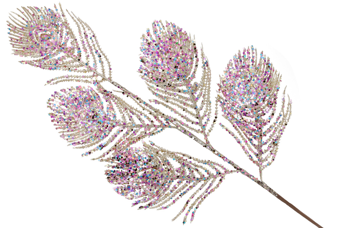 Декоративна гілка Пір'я Павлина (5шт), 70см, колір - золотий гліттер