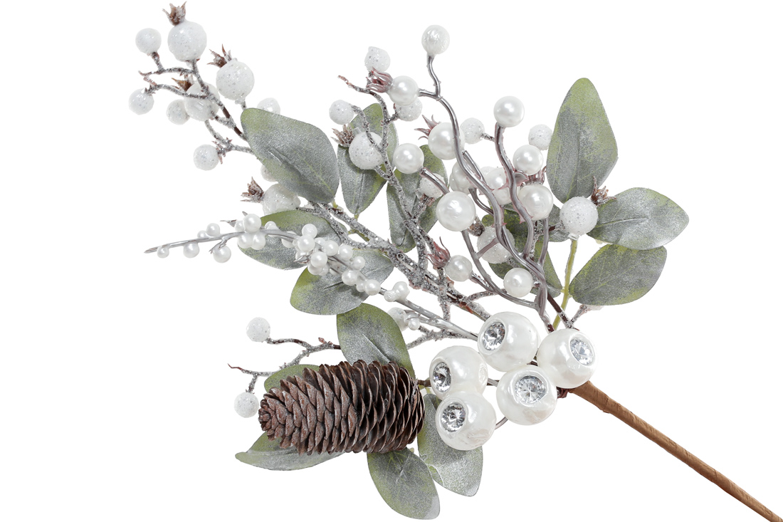 Гілка з листя з білими перламутровими ягодами та шишкою, 37см