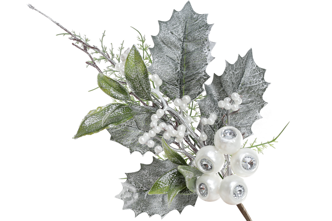 Гілка з листя з білими перламутровими ягодами, 35см