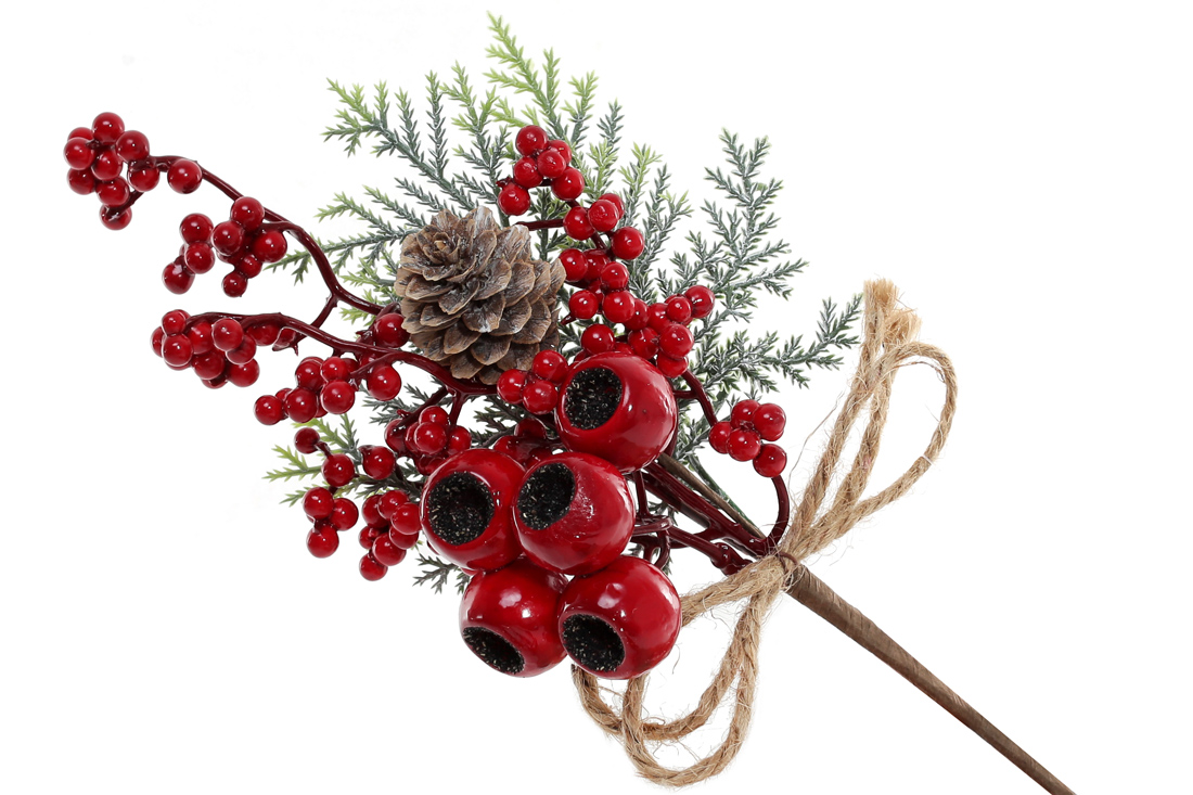 Гілка з червоних ягід, хвої з шишкою, 28см