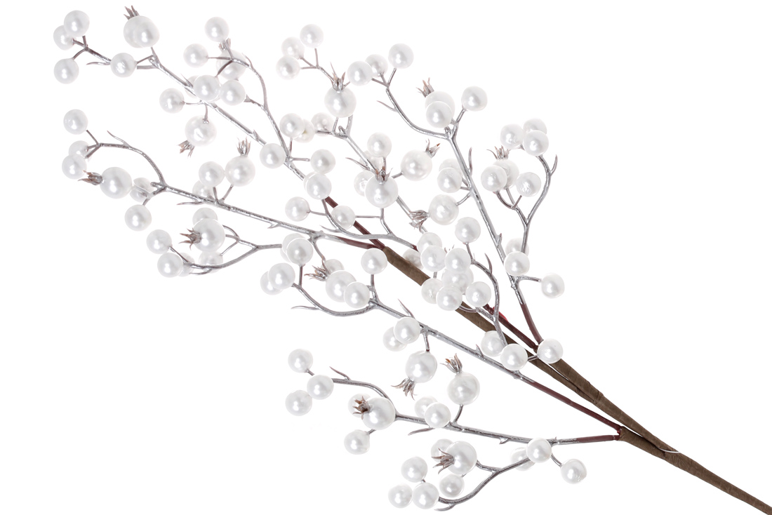 Декоративна гілка з білими перламутровими ягодами, 59см