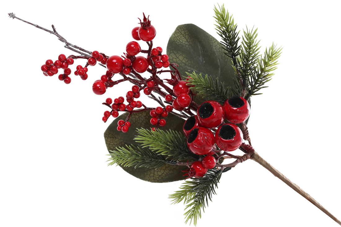 Декоративна гілка з хвої, листя та червоних ягід, 39см