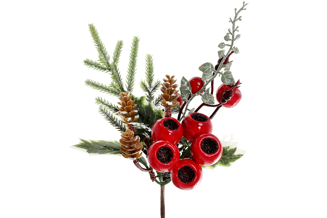 Декоративна гілка з хвої з дрібними шишками та червоними ягодами, 24см