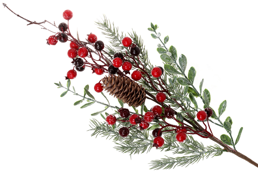 Декоративна гілка з хвоєю, листям та червоними ягодами, 65см