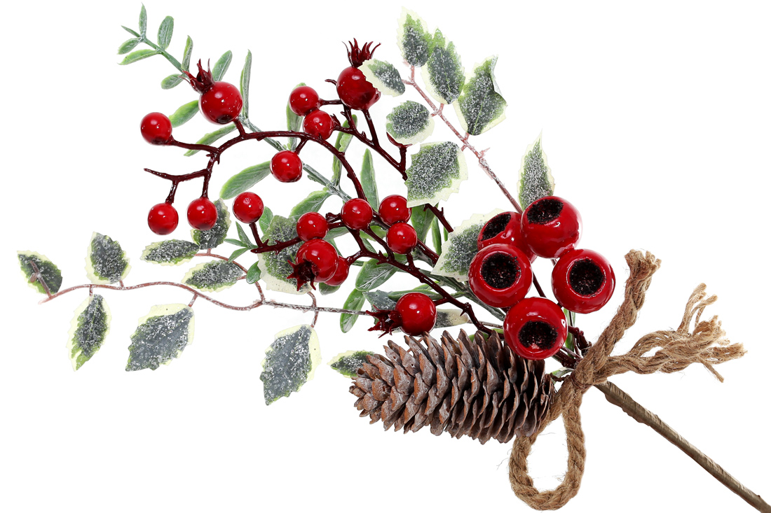 Декоративна гілка з шишкою та червоними ягодами, 34см