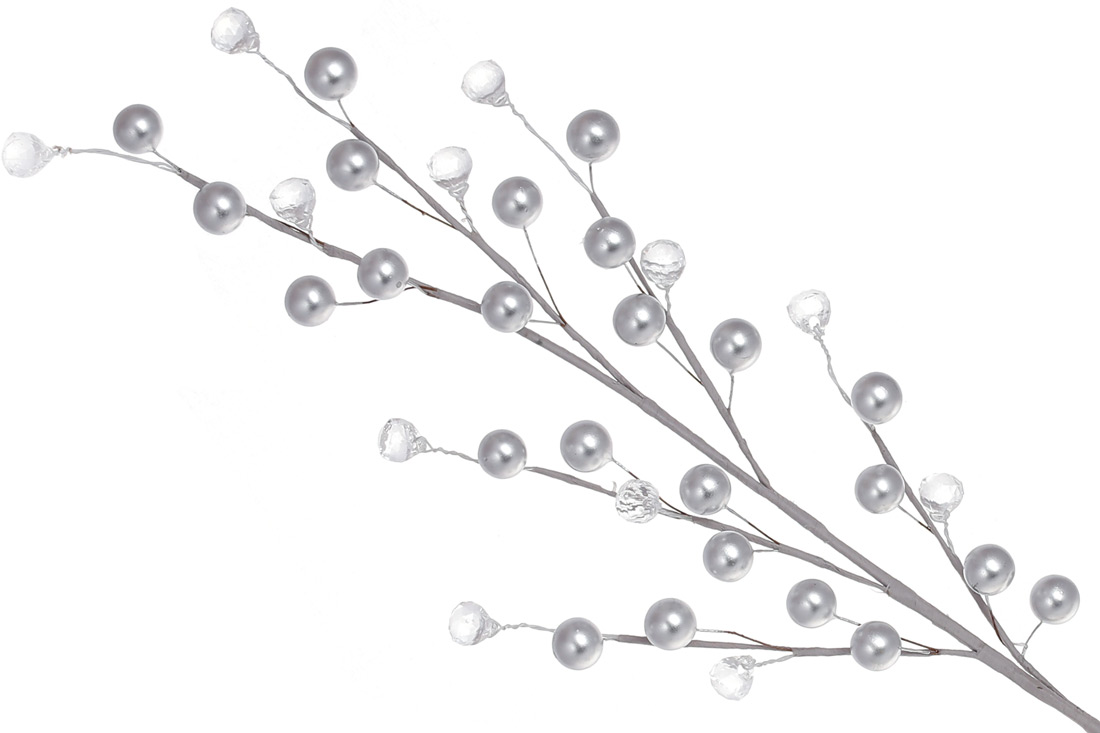 Декоративна гілка з ягодами та акриловими кристалами, 68см, колір - срібло