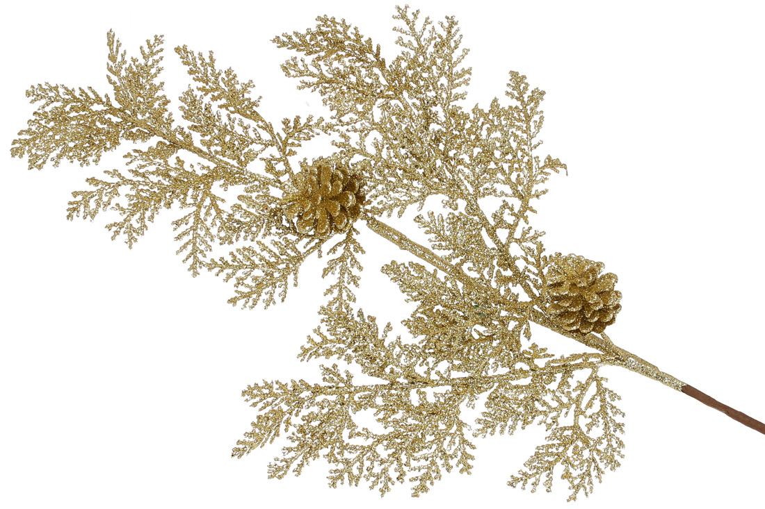 Декоративна гілка хвої з шишками, 67см, колір - золото