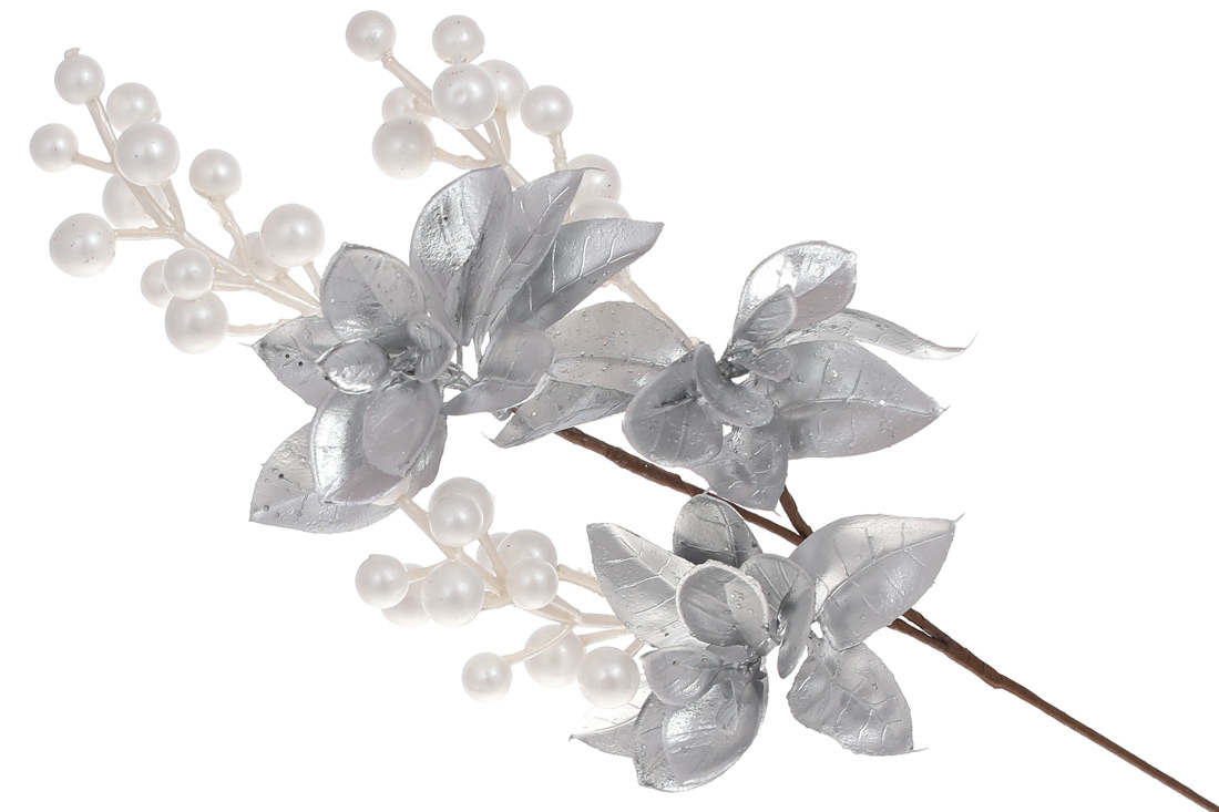 Декоративна гілка із сріблястим листям та білими ягодами, 50см
