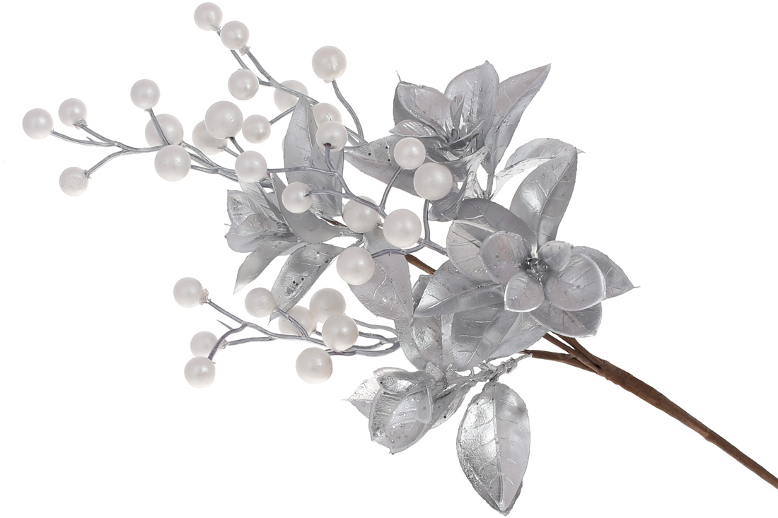 Декоративна гілка із сріблястим листям та білими ягодами, 43см