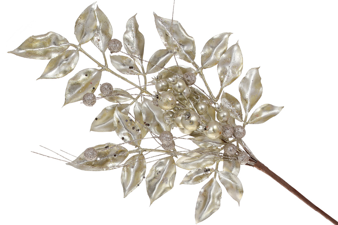 Декоративна гілка з листям та ягодами 55см, колір - шампань