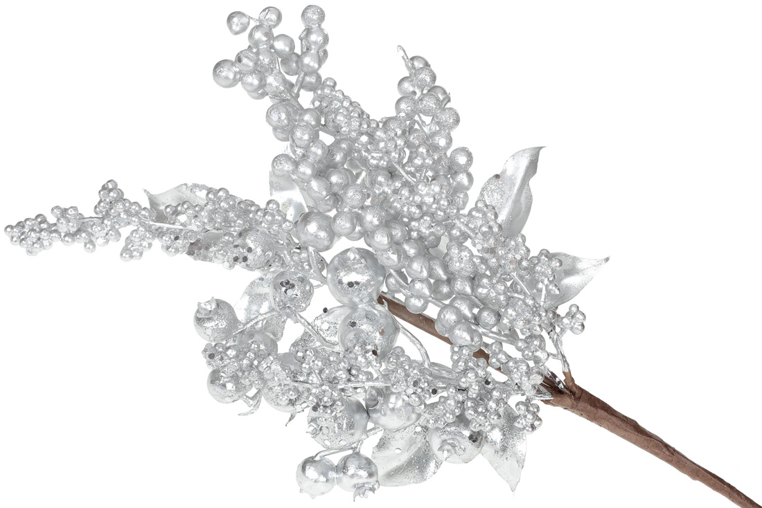 Декоративна гілка з ягодами та листям 49см, колір - матове срібло