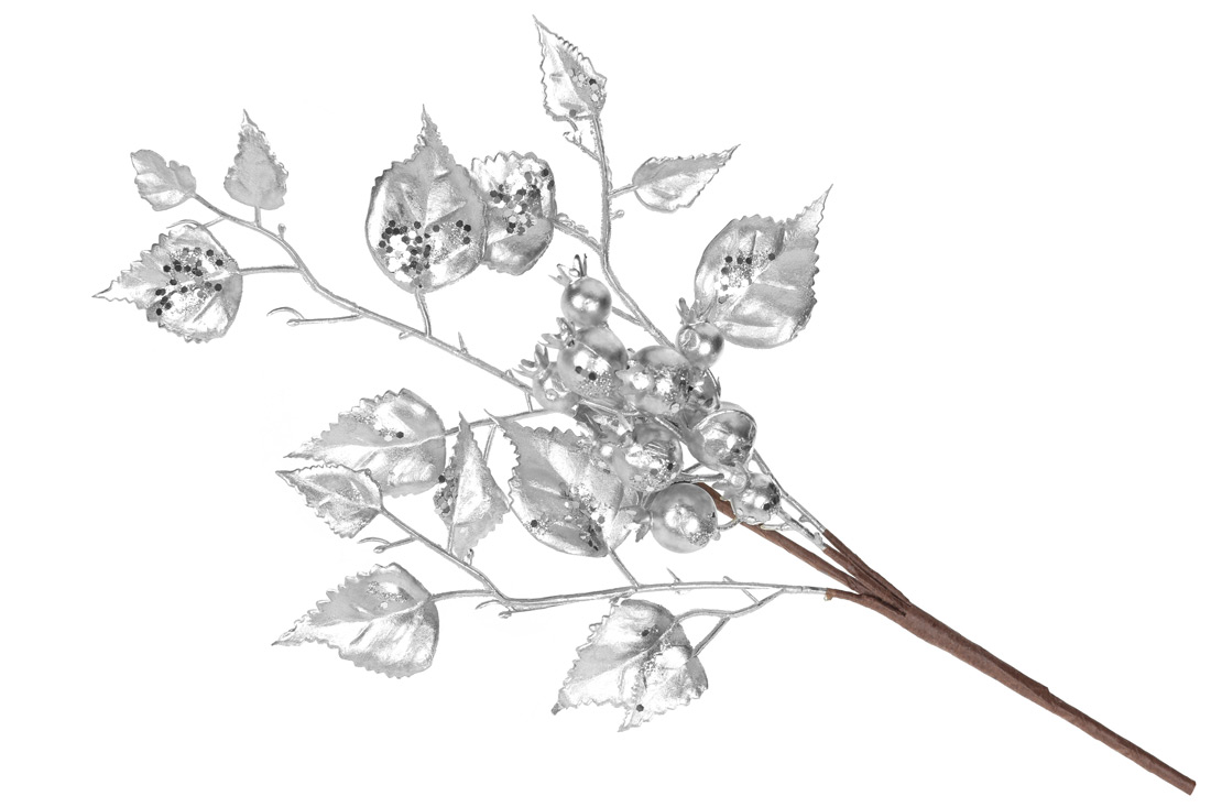 Декоративна гілка з ягодами та листям 50см, колір - матове срібло