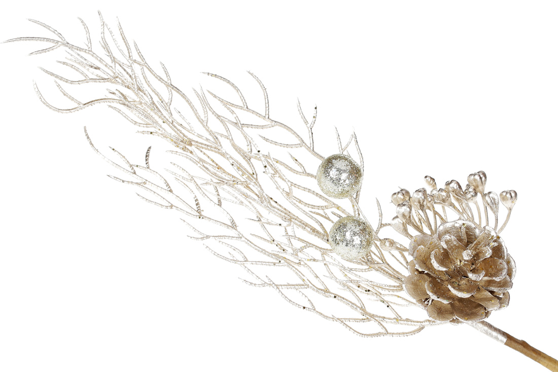 Декоративна гілка з шишкою 24см, колір - шампань