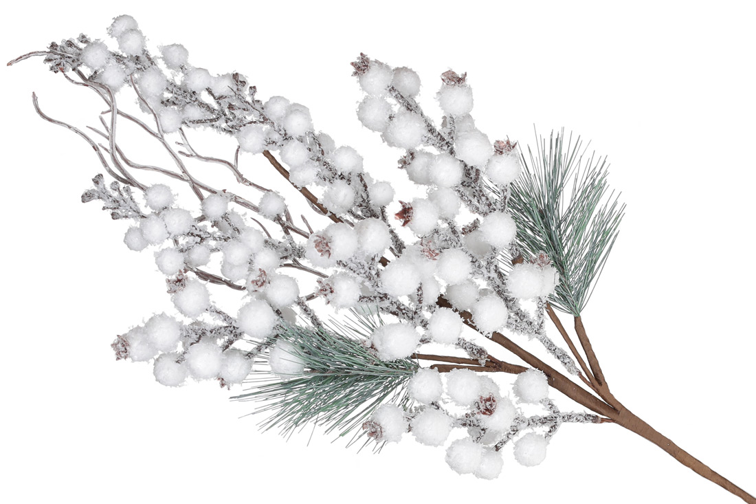 Декоративна гілка з хвоєю та білими засніженими ягодами, 62см