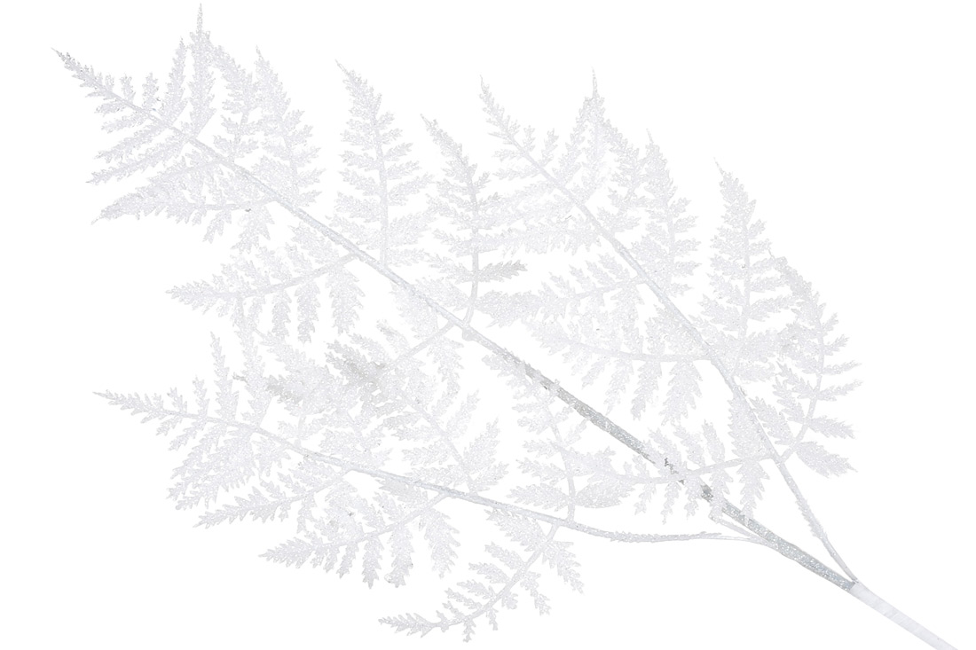 Декоративна гілка Папороть 66см, колір - білий гліттер