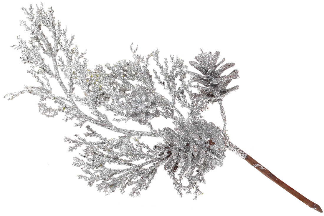 Декоративна гілка з шишками 20см, колір - срібло