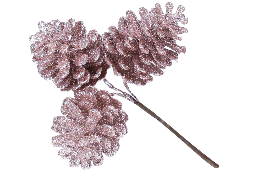 Декоративні шишки, пучок 3 шт, 13см, колір - рожевий глiттер