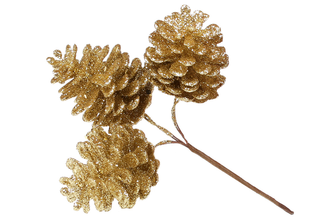 Декоративні шишки, пучок 3 шт, 13см, колір - золото глiттер