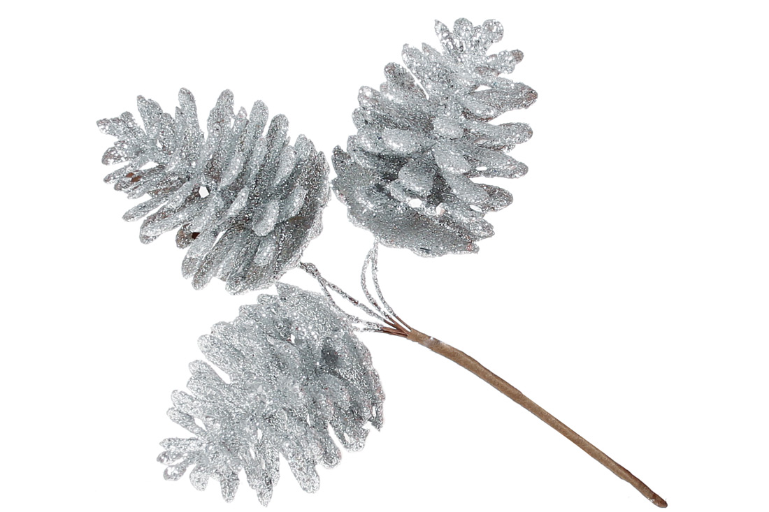 Декоративні шишки, пучок 3 шт, 13см, колір - срібло глiттер