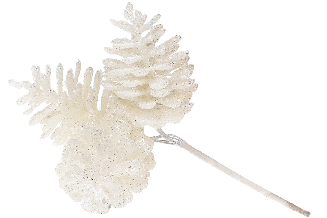 Декоративні шишки, пучок 3шт, 13см, колір - білий глiттер