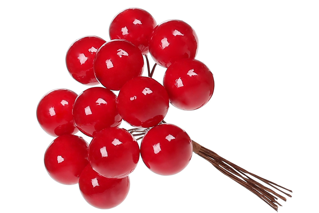 Декоративний букетик ягід 12шт, 11см, колір - червоний глянець