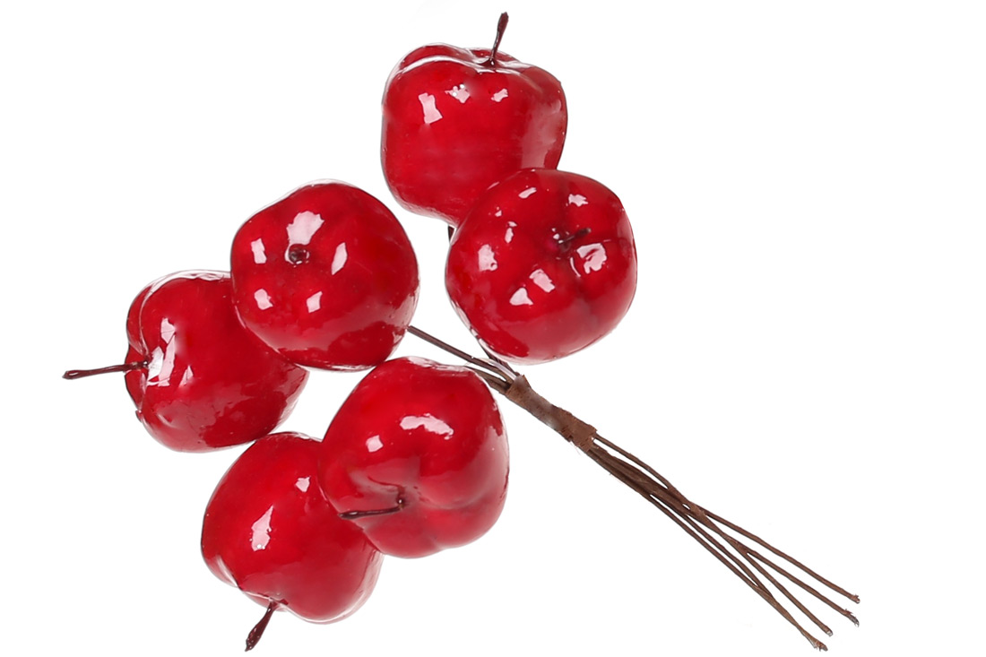 Декоративний букетик яблук 6шт, 12см, колір - червоний глянець