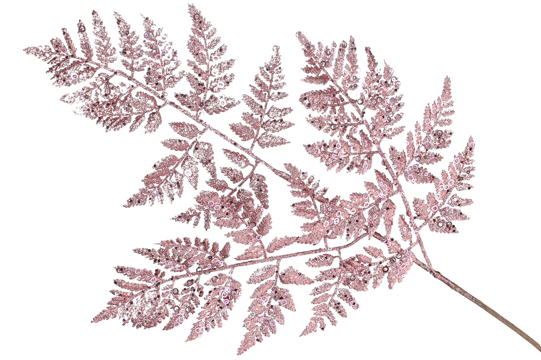 Декоративна гілка Папороть в гліттері та паєтках, 76см, колір - темно-рожевий
