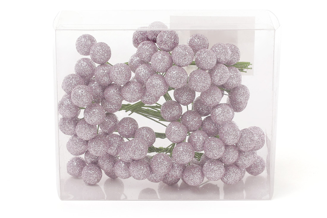 Набір декоративних ягід 12 мм, 96шт, колір - рожевий гліттер