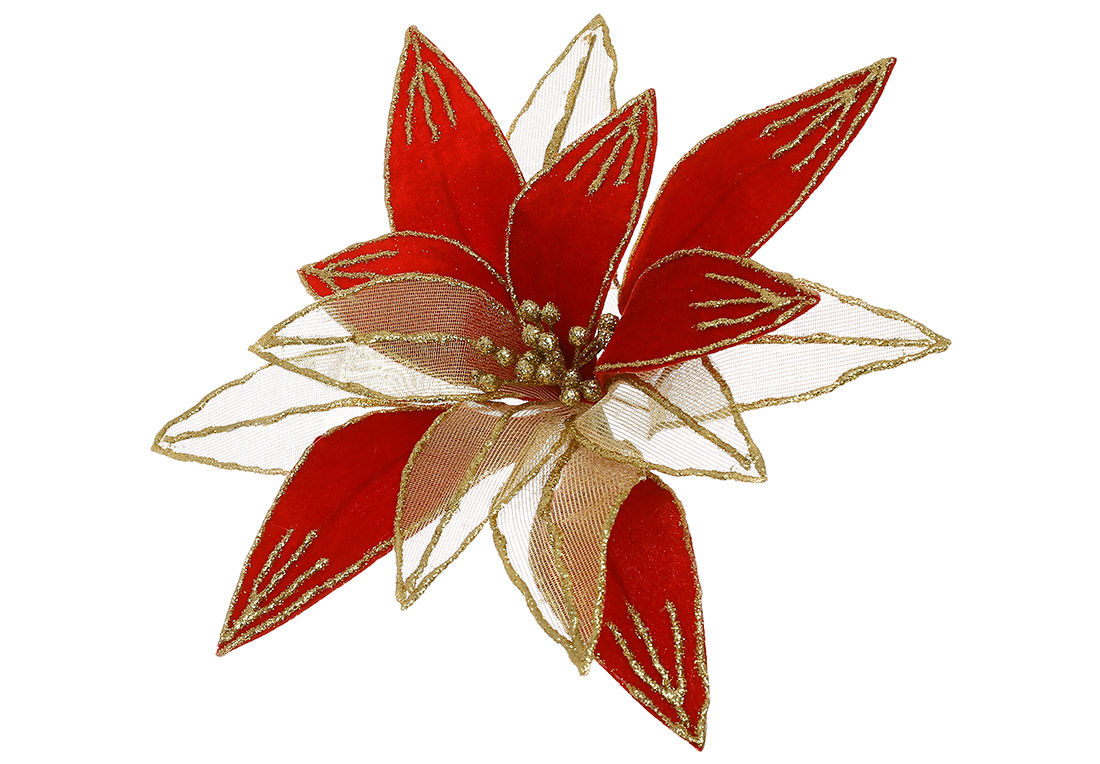 Квітка Пуансетія з оксамиту та органзи з гліттером 34см, колір - червоний із золотом