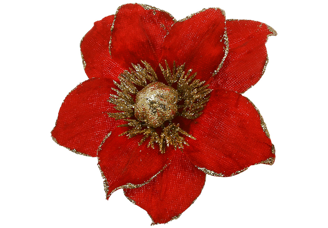 Оксамитова квітка Магнолія 15см, колір - червоний із золотим гліттером