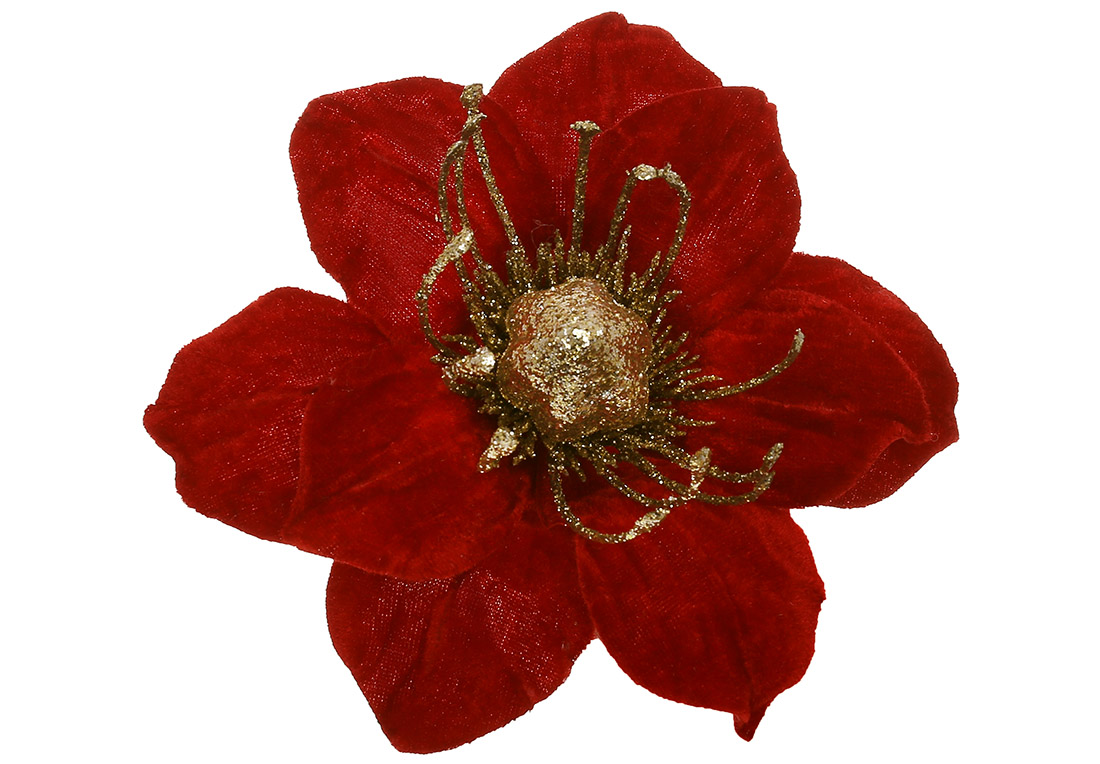 Оксамитова квітка Магнолія 20см, колір - червоний із золотим гліттером