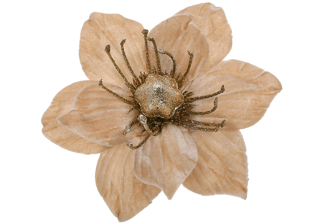 Оксамитова квітка Магнолія 20см, колір - бежевий з гліттером
