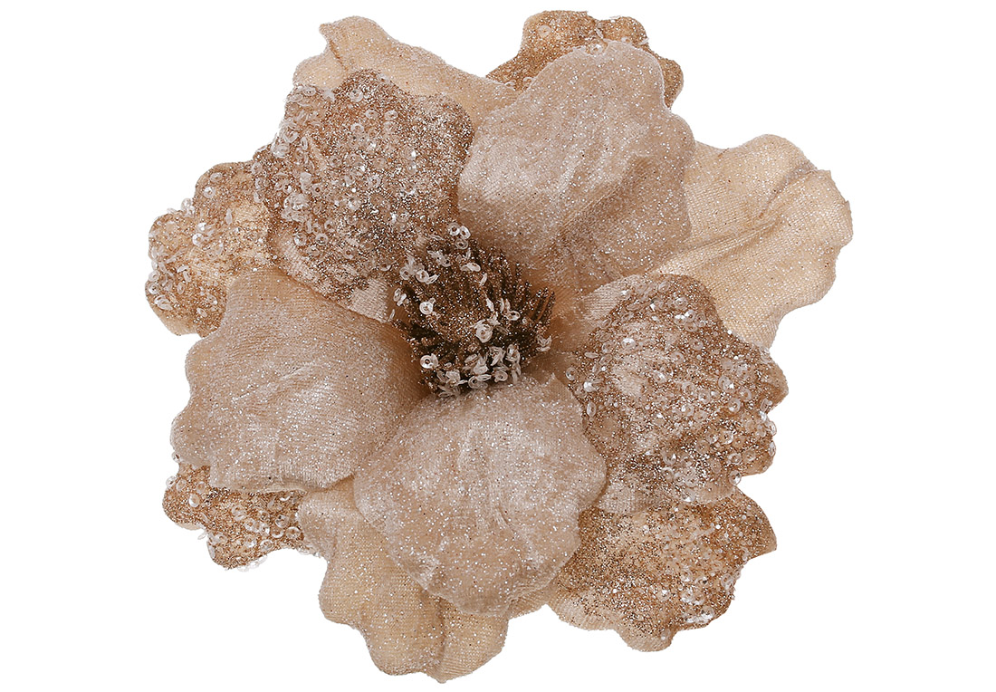 Оксамитова квітка Магнолія з декором з бісеру 21см, колір - бежевий
